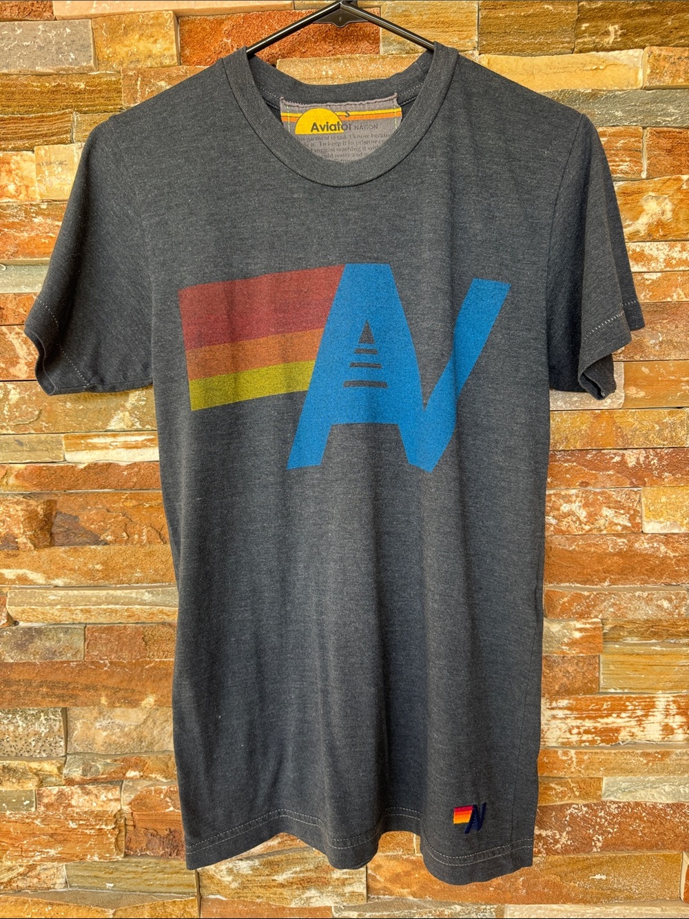 Aviator Nation Charcoal Blue Grey Tee Rainbow Stripe Crew Neck Small Unisex